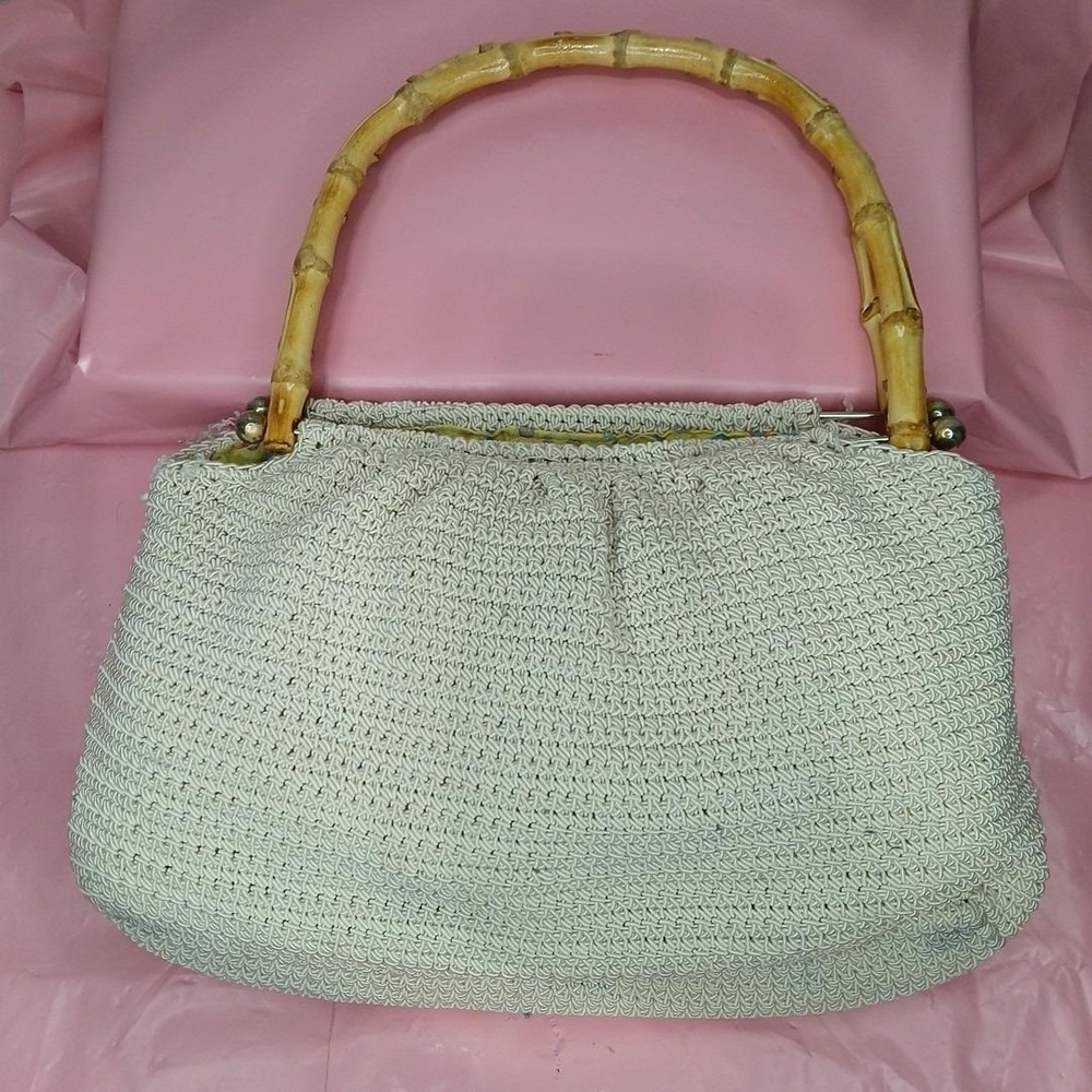 Vintage Carlo D'Santi Bamboo Handle Crochet Purse Yellow Interior Boho Hippie